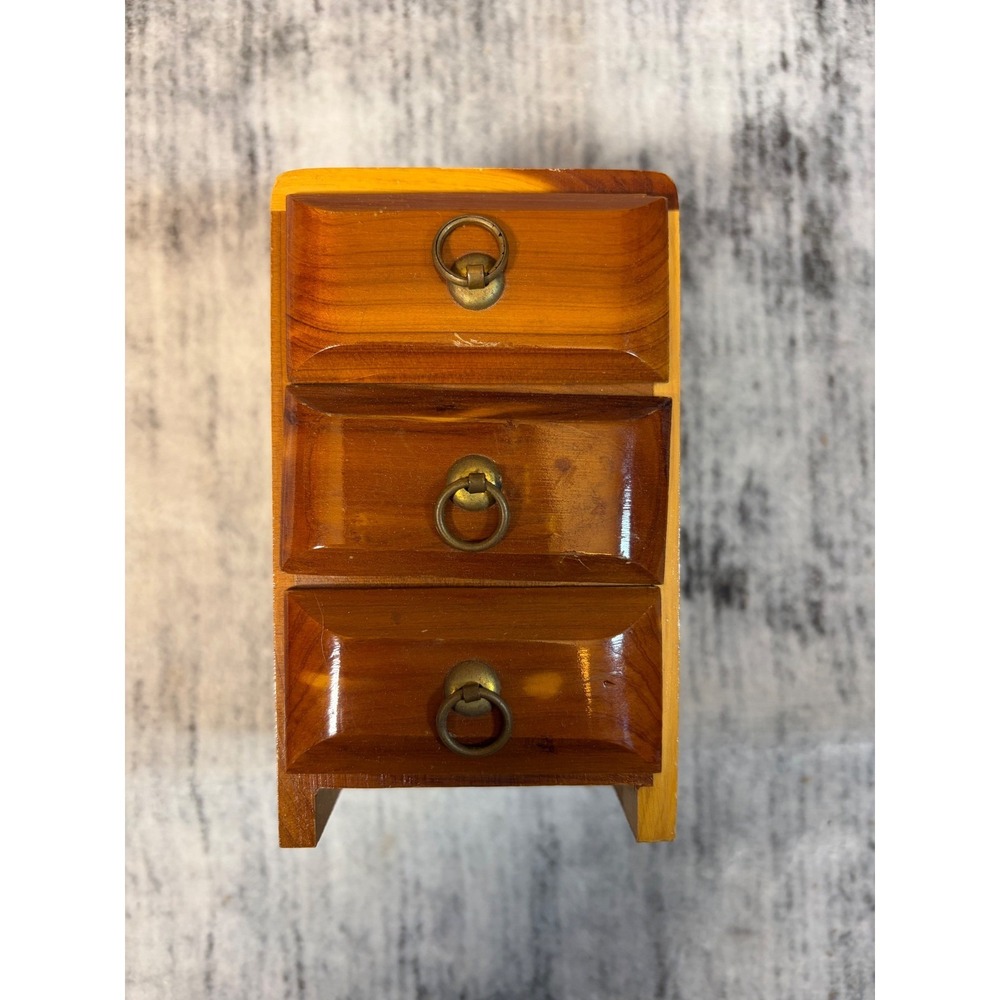 Vintage Miniature Cedar Wood 3 Drawer Jewelry Trinket Chest Box Doll Furniture